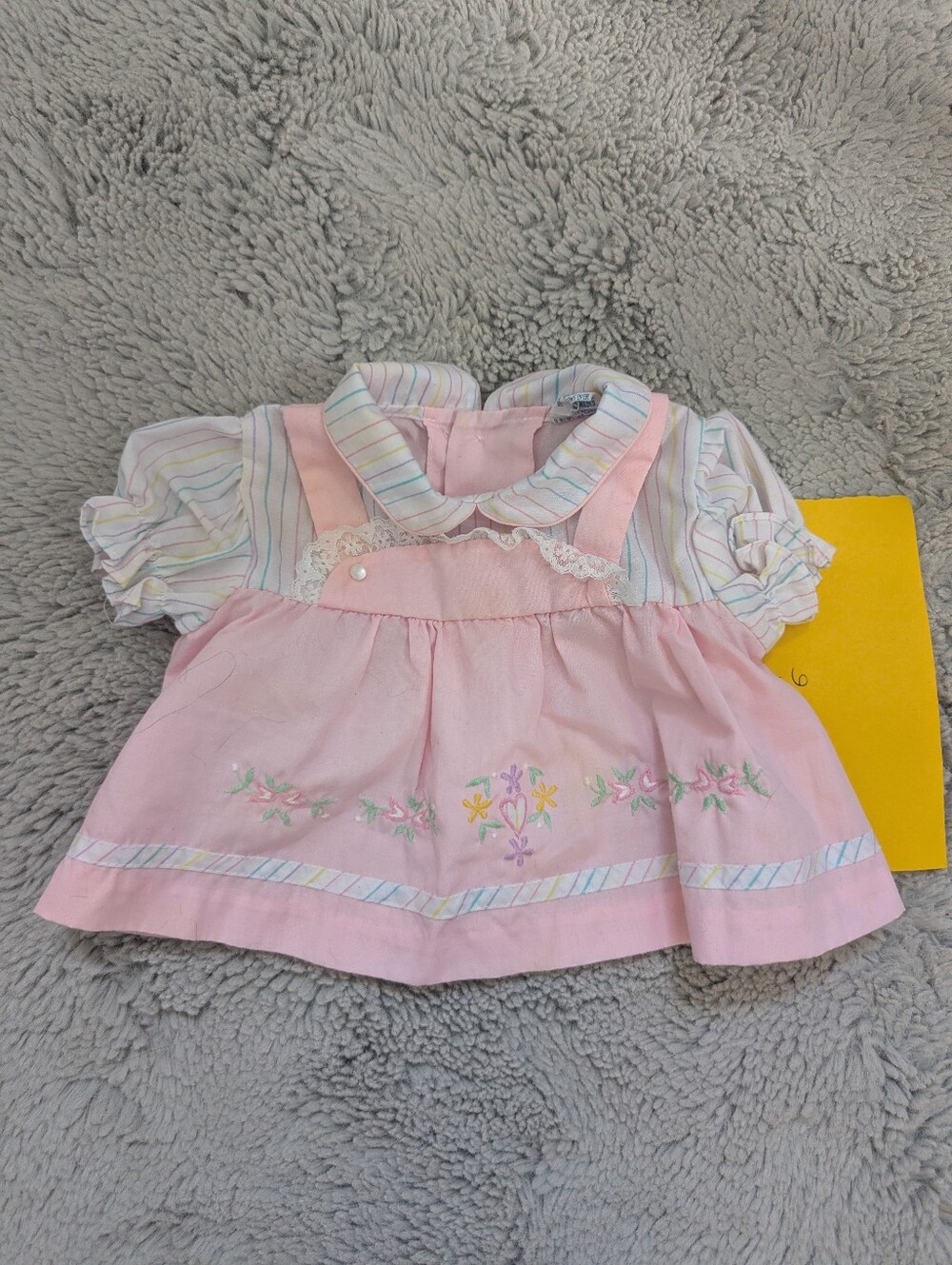 Vintage 90s Pastel Pink Striped Faux Apron Baby Dress Floral Embroidered | 0-6M